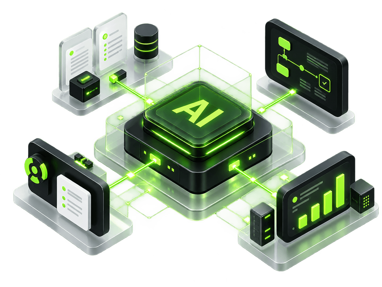 AI system connected to data, workflows, people and operational outputs