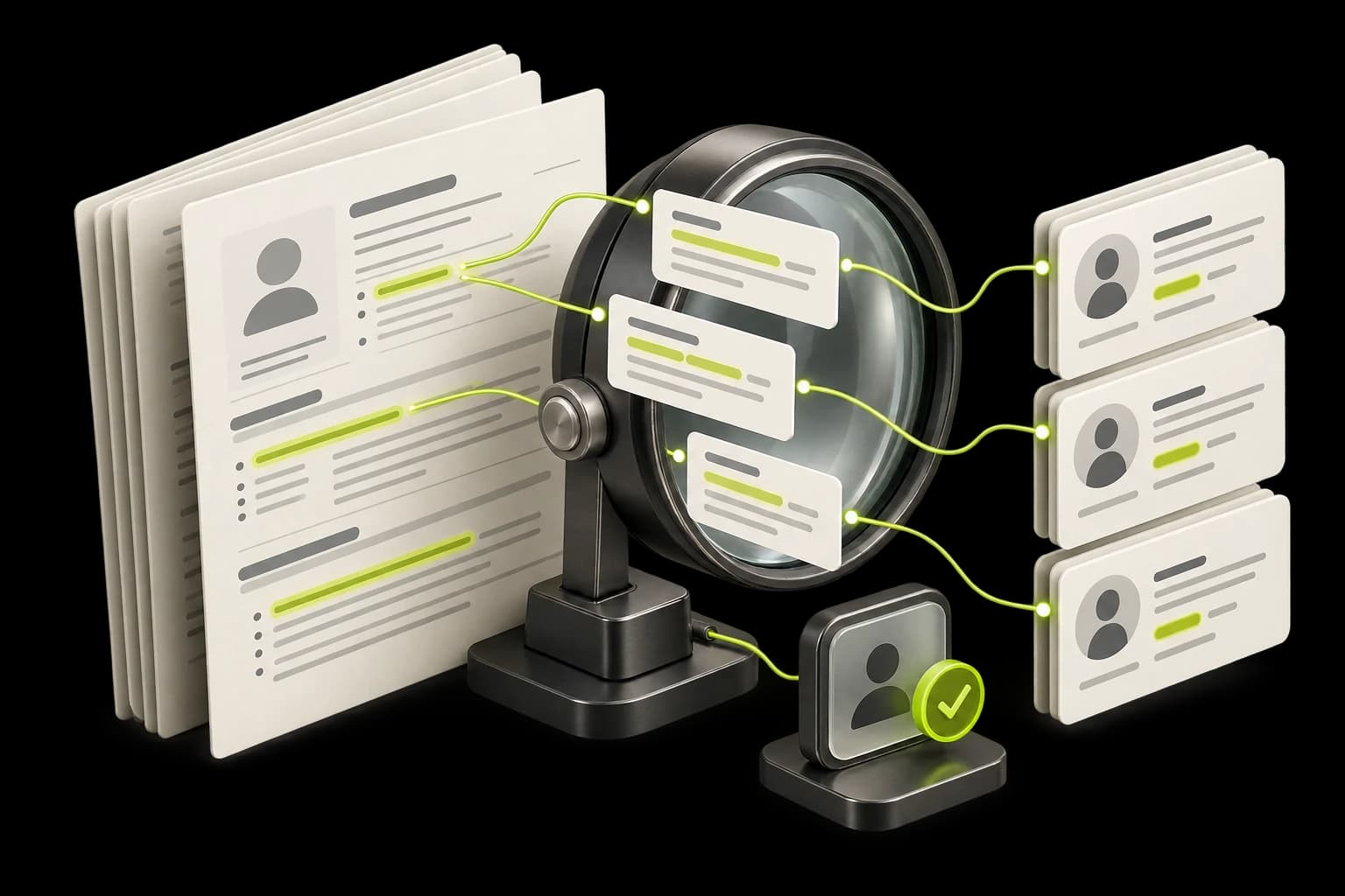 Isometric illustration of a recruitment matching workflow discovering relevant experience in a CV and presenting anonymous candidate profiles for review.