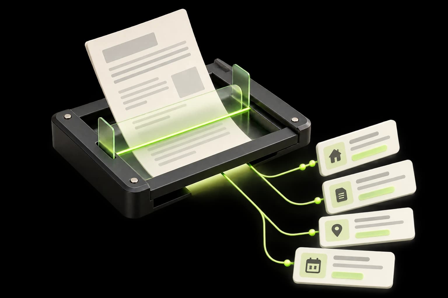 Isometric illustration of a document being processed into structured information for use in a real estate business workflow.